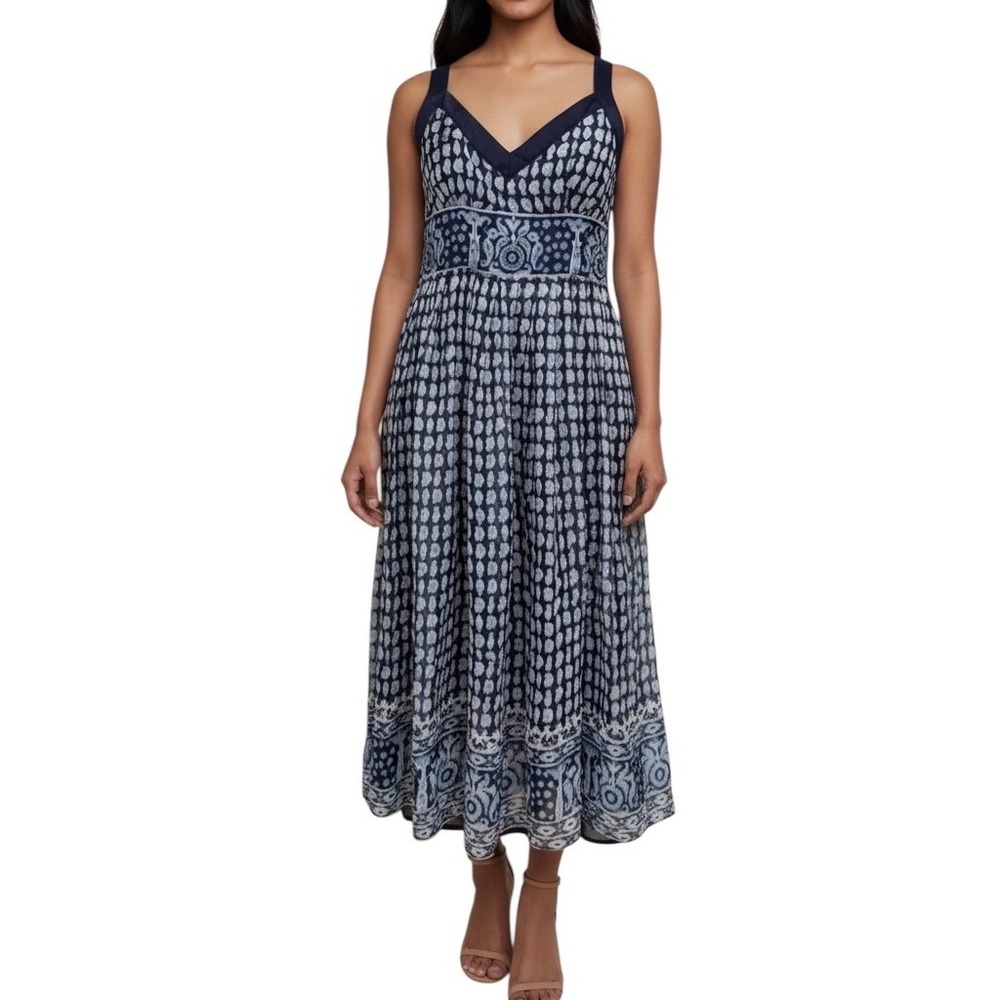 Robbie Bee Beaded Block Print Midi Dress Sleeveless Empire Waist‎ Boho Sundress